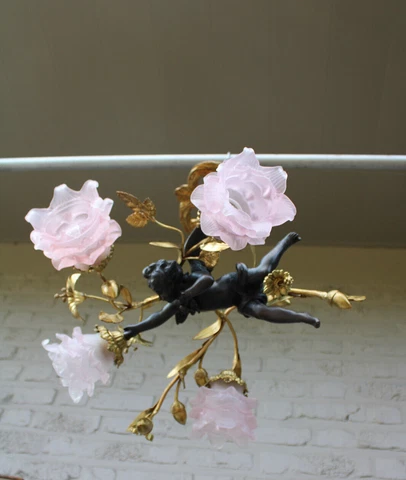 French cherub putti angel bronze brass pendant lamp chandelier pink glass shades Cover