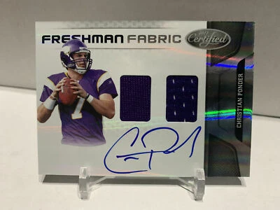 2011 Certified Freshman Fabric CHRISTIAN PONDER dual jersey auto /299 Vikings FB - Image 1 of 2