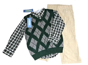 Jungen GYMBOREE Pullover Weste kariert Hemd CARTER'S Hose 3T grün khaki Outfit - Bild 1 von 5