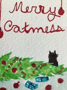 2.5 x 3.5 inches, ACEO watercolor painting by PJ,  merry Catmess