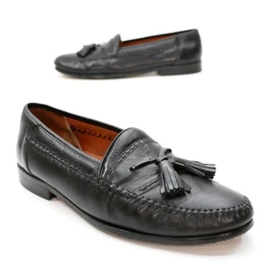 BrassBoot Men's 10.5 Black Leather Top Stitched Tassel Slip-on Loafers Spain - Picture 1 of 12