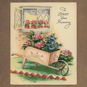 Unused Vintage 1950s The Wishing Well GET WELL Card, Garden Flowers Wheelbarrow - Bild 1 von 5