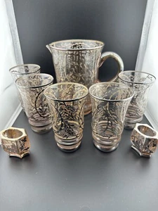 Antique Gold Overlay Glass Pitcher and 5 Glasses 2 Shot Glasses (Swan Design).. - Picture 1 of 15