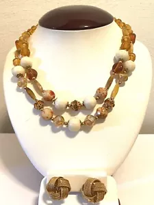 Vintage Crystal Art Glass Plastic Bead 2 Strand Necklace w Gold Tone Clip On Ear - Picture 1 of 6