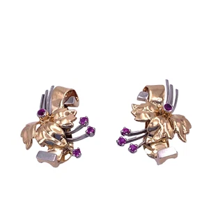 Retro 14K Gold & Rubies Clip-on Earrings - Picture 1 of 4