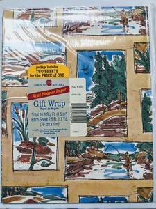 Vintage Geschenkpapier American Greetings 2 Blatt 16,6sf Mann Angeln Jagd Wandern  - Bild 1 von 6