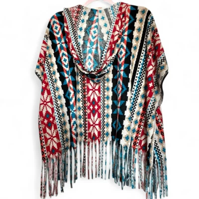 Colorful Hooded (L/XL) Oversized Fringe Printed Shawl / Open Poncho - Large Extr - Image 1 of 4