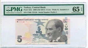 Turkey 2017 5 Lira Bank Note Gem Unc 65 EPQ PMG - Picture 1 of 4