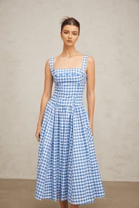 MOON RIVER Women's Diane blue Gingham Midi Sundress size S Summer Wine Tasting N - Picture 1 of 8