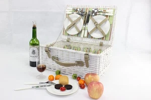 Vintage Antique Picnic Hamper Basket for 2 or 4 Persons With Easy Carry Handle - Picture 1 of 22