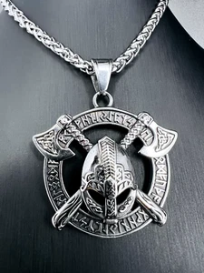 Wikinger Krieger Schild Anhänger Edelstahl Kette Runen Kreis Herren  Biker 263A - Bild 1 von 5