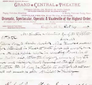 Anuncio de hotel Grand Central Theatre 1887 con membrete Buffalo NY Vaudeville Opera de Estados Unidos - Imagen 1 de 3