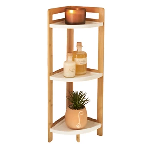 Corner Shelf 3 Tier Shelving Rack White & Bamboo Shelf Display Storage Stand - Picture 1 of 3