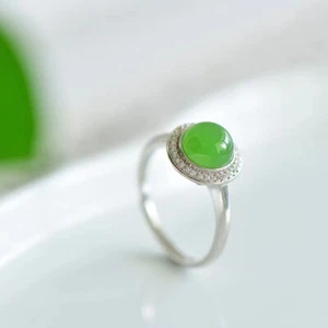 Silver inlaid Hetian Jade Rings Green Jade Ring ladies Fine Jewelry Certificate - Picture 1 of 6