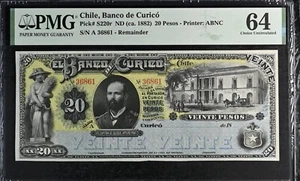 20 Pesos ND (ca. 1882) Chile, Banco de D. Curico Pick# S220r  PMG 64 CHOICE  UNC - Picture 1 of 2