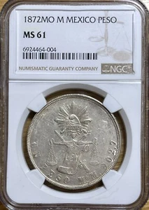 1872-Mo M Mexico Silver Peso, NGC MS-61 - Picture 1 of 10