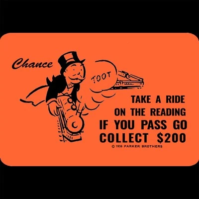 Monopoly Metal Sign 12x8 Ride Reading Railroad Train Chance Orange Man Toot Art  - Image 1 of 2