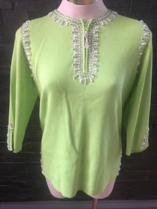 Quacker Factory Faux Pearl & Crystal Embellished Lime Green Tunic Small Bnwt - Picture 1 of 8