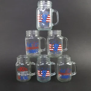 4th of July Mason Jar Mug Handle Glasses Jars Cup Drinking Mugs Cups Americana - Picture 1 of 16