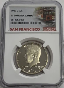 1982 S NGC PF70 ULTRA CAMAFEO VESTIDO PRUEBA Kennedy medio dólar 50c etiqueta carro - Imagen 1 de 3