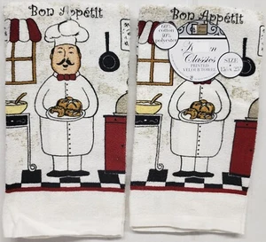 SET OF 2 SAME KITCHEN TOWELS(15"x25")FAT CHEF W/PASTRY TRAY ON GRAYISH WHITE,BH  - Picture 1 of 9