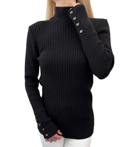 CHANEL Vintage CC Mark Logo Rib Knit Sweater Top #38 Button Black Gold Wool - Picture 1 of 11