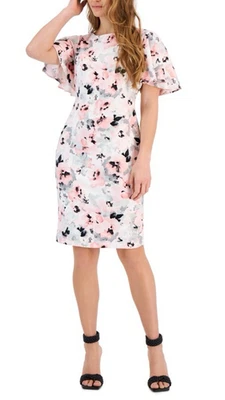 Kasper Sheath Dress 20W Floral Pink Gray Ivory Short Sleeve Flutter Summer NEW - Image 1 of 4