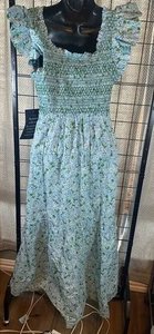 Midikleid TUCKNERNUCK blau grün Blumen Flatterärmel L Cottagecore gesmokt - Bild 1 von 4