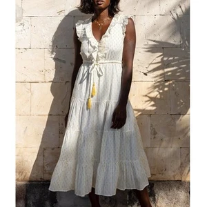 Maxi Vestido Mer St. Barth Giselle Cuello en V Dorado Punto Suizo Mujeres Grande Algodón Voile - Imagen 1 de 13