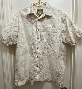 Vintage Eddie Bauer Sport Shop Map Theme Hawaiian Button Up Men’s Shirt L Tan - Picture 1 of 7