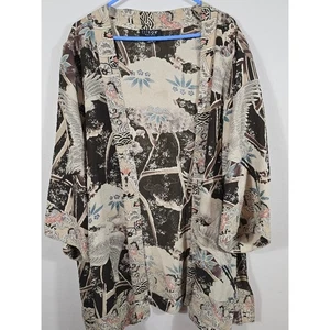 Zitronefarbener zweiteiliger Santa Monica Kimono vorne offen Seide Kranichmuster Jacke 1X - Bild 1 von 15