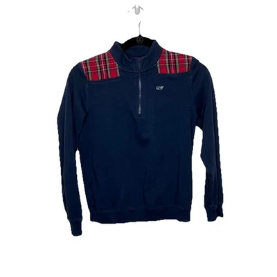 Vineyard Vines Kids Girls Sweatshirt Navy 1/4 Zip Plaid Shoulders Blue Lg 14  Foto 1 de 4