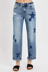 RISEN Full Size Mid Rise Boyfriend Star Shadow Detail Cuffed Jeans Plus Size - Picture 1 of 7