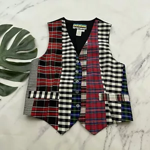 Against Gravity Womens Vintage 90s Vest Size M Petite Mixed Plaid Silk Red Blue - Picture 1 of 9