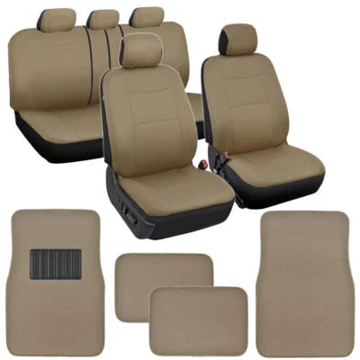 Car Seat Covers Set All Beige w/ 4 PC Carpet Padded Floor Mats for Auto Interior - Image 1 of 4
