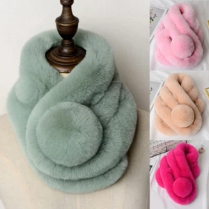 New Winter Women Thicken Faux Fur Scarf Neck Warmer Fluffy Pom Wrap Collar Shawl - Picture 1 of 20