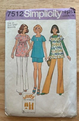 Simplicity sewing pattern 7512 top short pants maternity miss 10 vtg 1976 uncut - Image 1 of 3