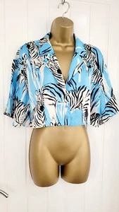 ZARA Cropped blouse shirt Satin Blue Zebra Size 8 10 small short sleeve VGC - Picture 1 of 4