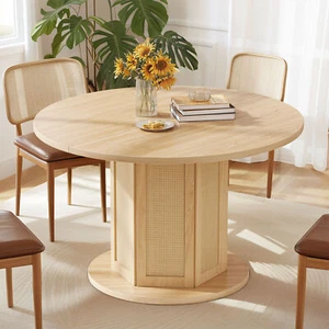 47 inch Round Dining Table for 4-6 Wood Kitchen Table Dinner Table w/Rattan Base - Picture 1 of 10