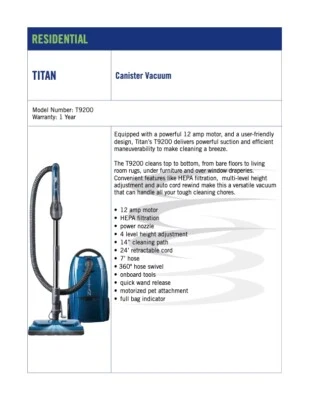 2024 TITAN T9200 CANISTER W/POWER NOZZLE,12AMP HEPA,7FT HOSE,14''CLEANING PATH - Image 1 of 2