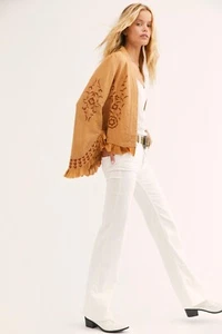 Free People Paisley Park Linen Embrdroidered Bell Sleeve Jacket Size Medium - Picture 1 of 7