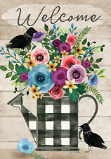 Welcome Flower Crow Watering Can Garden Flag 18 x 12