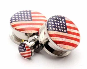 Pair of Screw on American Flag Picture Plugs gauges 16g thru 1 inch - Picture 1 of 1