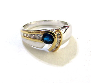 Blue Sapphire Ring with CZ Two Tone size 10