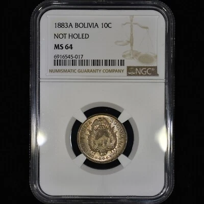 1883 BOLIVIA 10 CENTAVOS ✪ NGC MS-64 ✪ COIN A NOT HOLED 10C 170 ◢TRUSTED◣ - Image 1 of 4