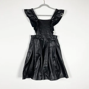 Maeve Anthropologie Faux Vegan Leather Pinafore Ruffle Pearl Button Mini Dress - Picture 1 of 4