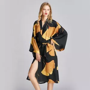 Women's Kimono Robe Gold Ginkgo Leaf Printed Satin Robe Dressing Gown - Picture 1 of 12