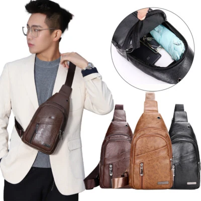 Leather Shoulder Bag for Men Strap Chest Bag Large Capacity Travel Bag Wallet US - Image 1 of 4
