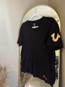2x True Religion Women's Sz Large Logo Black V-Neck T Shirt Gold/silver VTG Y2K - Picture 1 of 7