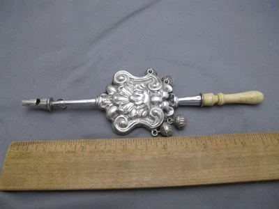 Antique FRENCH 800 Silver BABY RATTLE /WHISTLE/TEETHER-Attached Bells - Image 1 of 4
